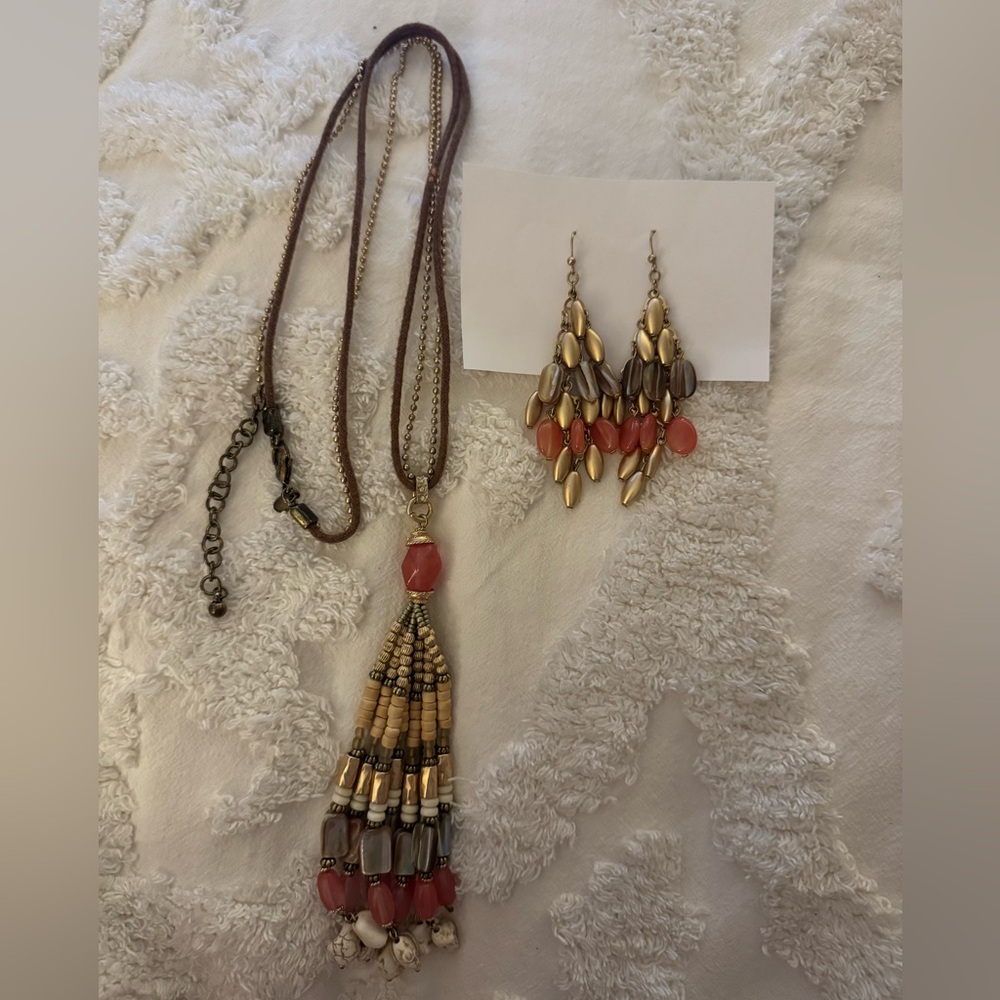 Chico's Gold/Pink Beaded Necklace and Earrings Set